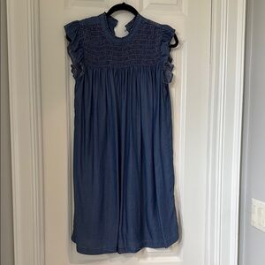 Blue ruffle cap sleeve dress. M. 35” long